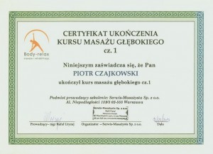 certyfikat z szkolenia -masaż głęboki