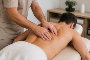 Masaż leczniczy mięśni pleców - terapeuta przy boku stołu - Kielce